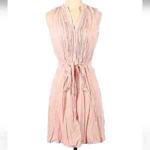 Size 4 Loft light pink sleeveless knee length dress mock v-neck, pleats and belt